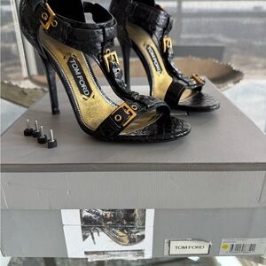 Tom Ford Black Croc-Embossed Heels with Gold Buckles
